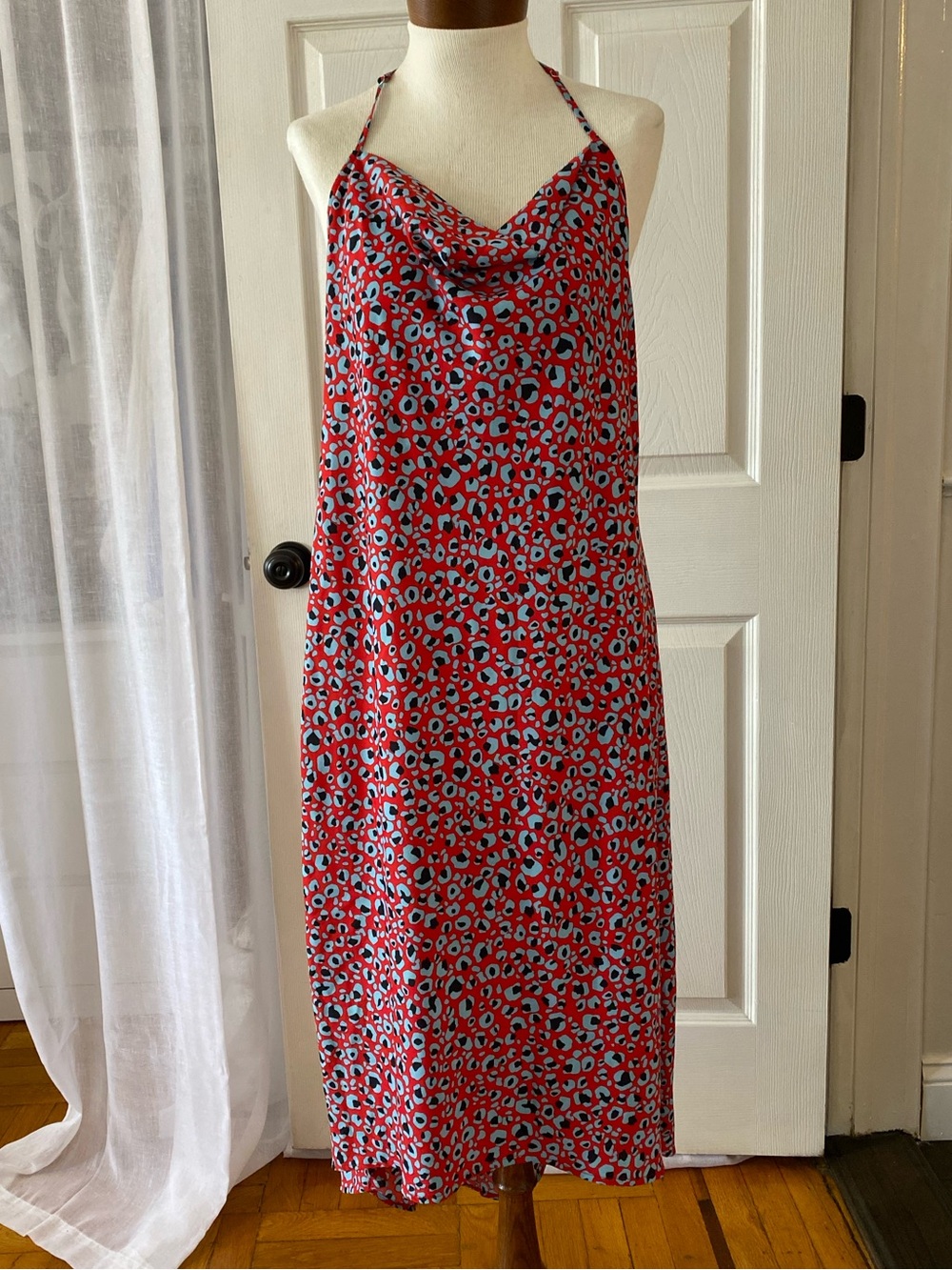 BCBG Generation Red Leopard Print Cowl Midi Dress with Halter Straps Size L NWOT